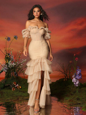 VIPGIRL Blue Off Shoulder Tulle Ball Gown Skirt Women's Evening Dress Long