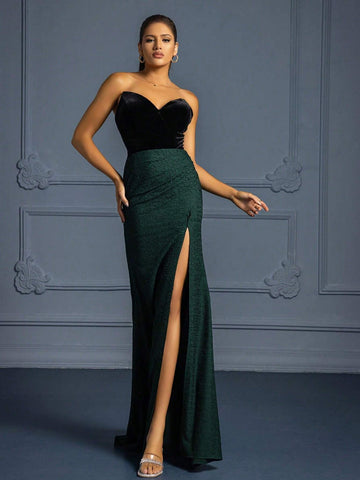 VIPGIRL Contrast Color Thigh Slit & Backless Tie Strap Formal Maxi Dress For Women,Wedding Event Dress