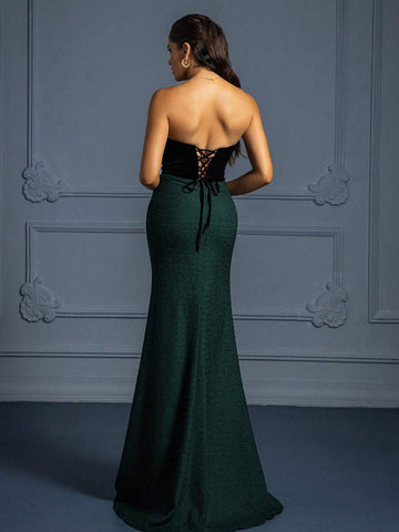 VIPGIRL Contrast Color Thigh Slit & Backless Tie Strap Formal Maxi Dress For Women,Wedding Event Dress