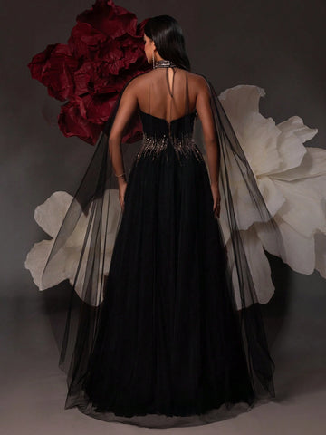 VIPGIRL Elegant Black Mesh Lady Evening Party Formal Dress