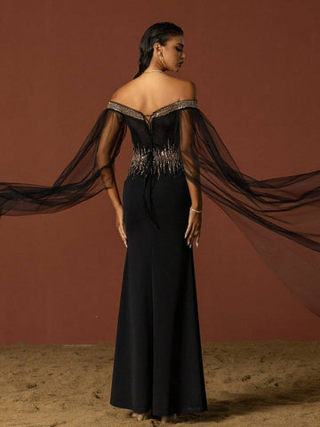 VIPGIRL Elegant Black Mesh Sequined Women Evening Party Dress