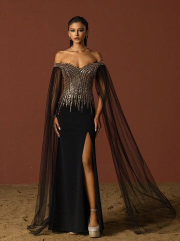 VIPGIRL Elegant Black Mesh Sequined Women Evening Party Dress