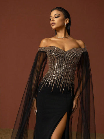 VIPGIRL Elegant Black Mesh Sequined Women Evening Party Dress