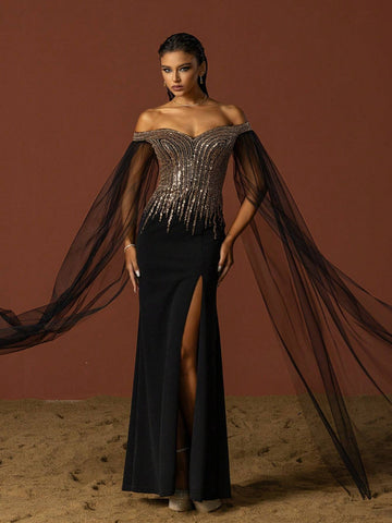 VIPGIRL Elegant Black Mesh Sequined Women Evening Party Dress