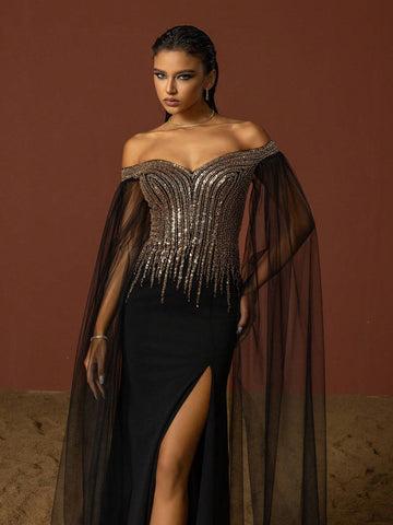 VIPGIRL Elegant Black Mesh Sequined Women Evening Party Dress