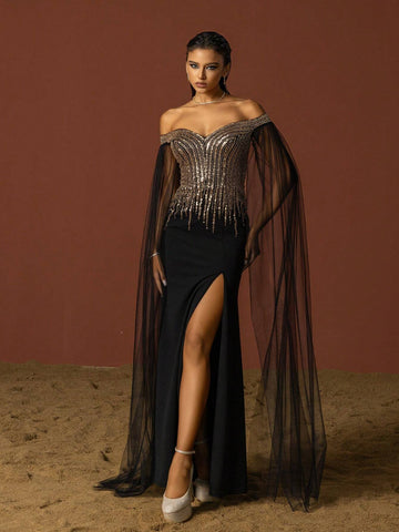 VIPGIRL Elegant Black Mesh Sequined Women Evening Party Dress