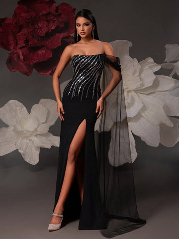 VIPGIRL Elegant Black Sequined Mesh Evening Party Dress For Women