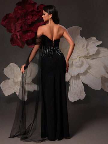 VIPGIRL Elegant Black Sequined Mesh Evening Party Dress For Women