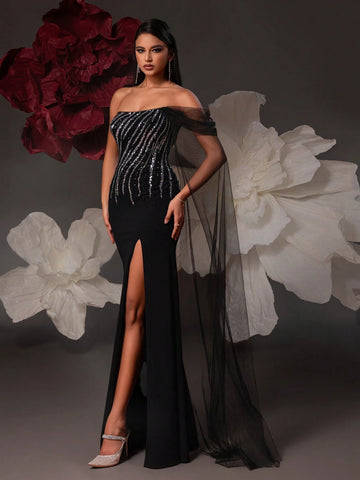 VIPGIRL Elegant Black Sequined Mesh Evening Party Dress For Women