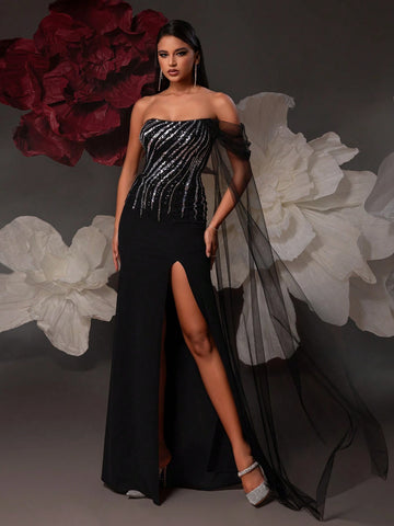 VIPGIRL Elegant Black Sequined Mesh Evening Party Dress For Women