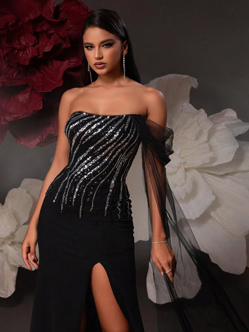 VIPGIRL Elegant Black Sequined Mesh Evening Party Dress For Women