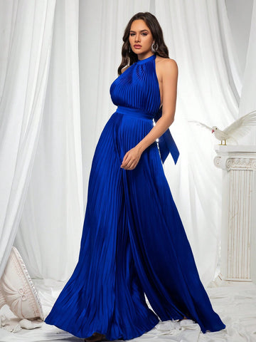 VIPGIRL Elegant Blue Halter Neck Pleated Jumpsuit,Flowing Wide-Leg Formal One-Piece Outfit, Prom Dresses For Women, Formal Evening Gown