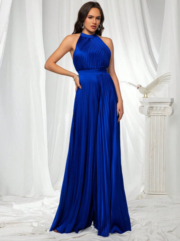 VIPGIRL Elegant Blue Halter Neck Pleated Jumpsuit,Flowing Wide-Leg Formal One-Piece Outfit, Prom Dresses For Women, Formal Evening Gown