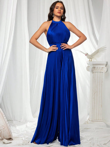 VIPGIRL Elegant Blue Halter Neck Pleated Jumpsuit,Flowing Wide-Leg Formal One-Piece Outfit, Prom Dresses For Women, Formal Evening Gown