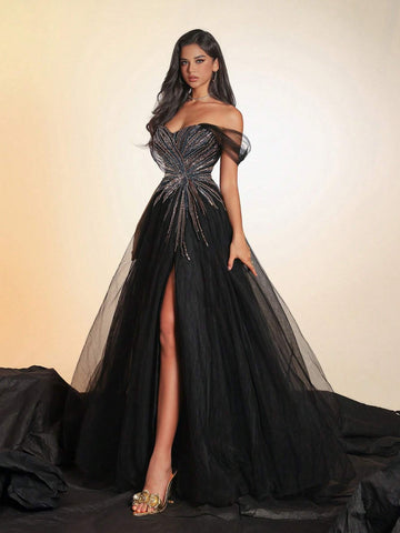 VIPGIRL Elegant Mesh Maxi Dress, High-End And Graceful Evening Gown