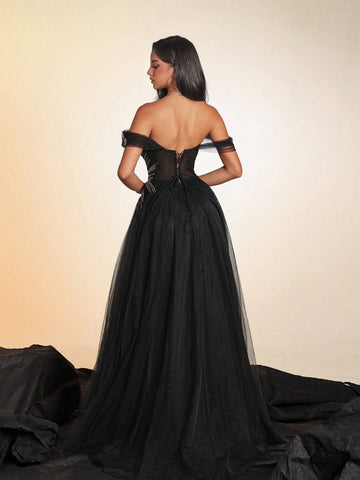 VIPGIRL Elegant Mesh Maxi Dress, High-End And Graceful Evening Gown
