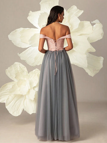 VIPGIRL Elegant One Shoulder Mesh Evening Dress