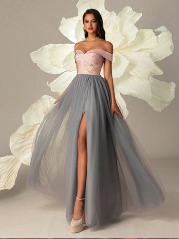 VIPGIRL Elegant One Shoulder Mesh Evening Dress