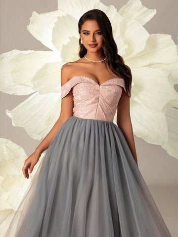 VIPGIRL Elegant One Shoulder Mesh Evening Dress