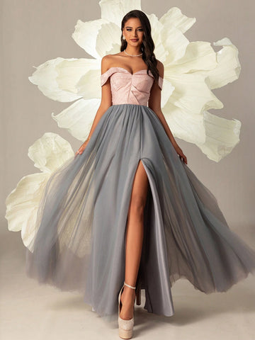 VIPGIRL Elegant One Shoulder Mesh Evening Dress