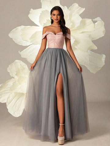 VIPGIRL Elegant One Shoulder Mesh Evening Dress