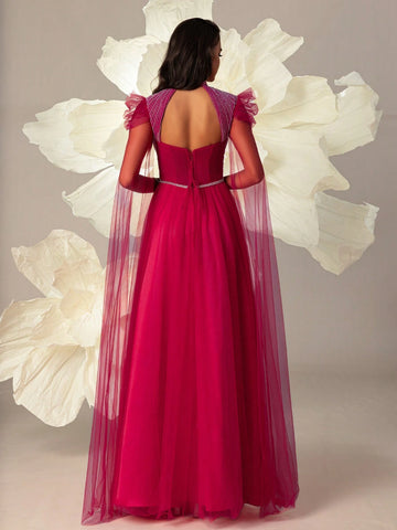 VIPGIRL Halter Neck High Waist Elegant Net Yarn Women Evening Party Dress