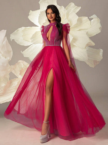 VIPGIRL Halter Neck High Waist Elegant Net Yarn Women Evening Party Dress