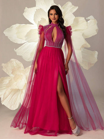 VIPGIRL Halter Neck High Waist Elegant Net Yarn Women Evening Party Dress