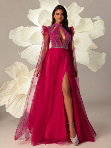 VIPGIRL Halter Neck High Waist Elegant Net Yarn Women Evening Party Dress