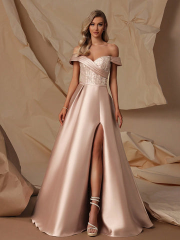 VIPGIRL High Waist Elegant Ladies Evening Satin Dress With Off Shoulder Design For Showing Long Legs