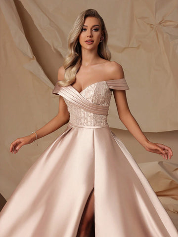 VIPGIRL High Waist Elegant Ladies Evening Satin Dress With Off Shoulder Design For Showing Long Legs