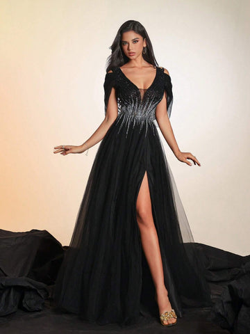 VIPGIRL Long Beaded Elegant Mesh Women's Evening Party Dress