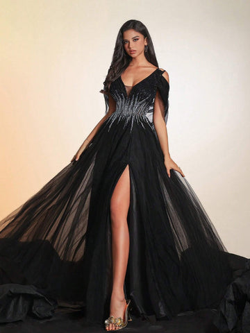 VIPGIRL Long Beaded Elegant Mesh Women's Evening Party Dress