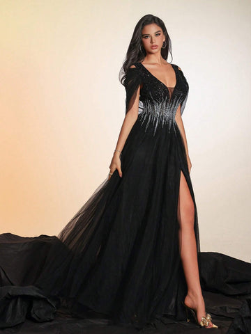 VIPGIRL Long Beaded Elegant Mesh Women's Evening Party Dress