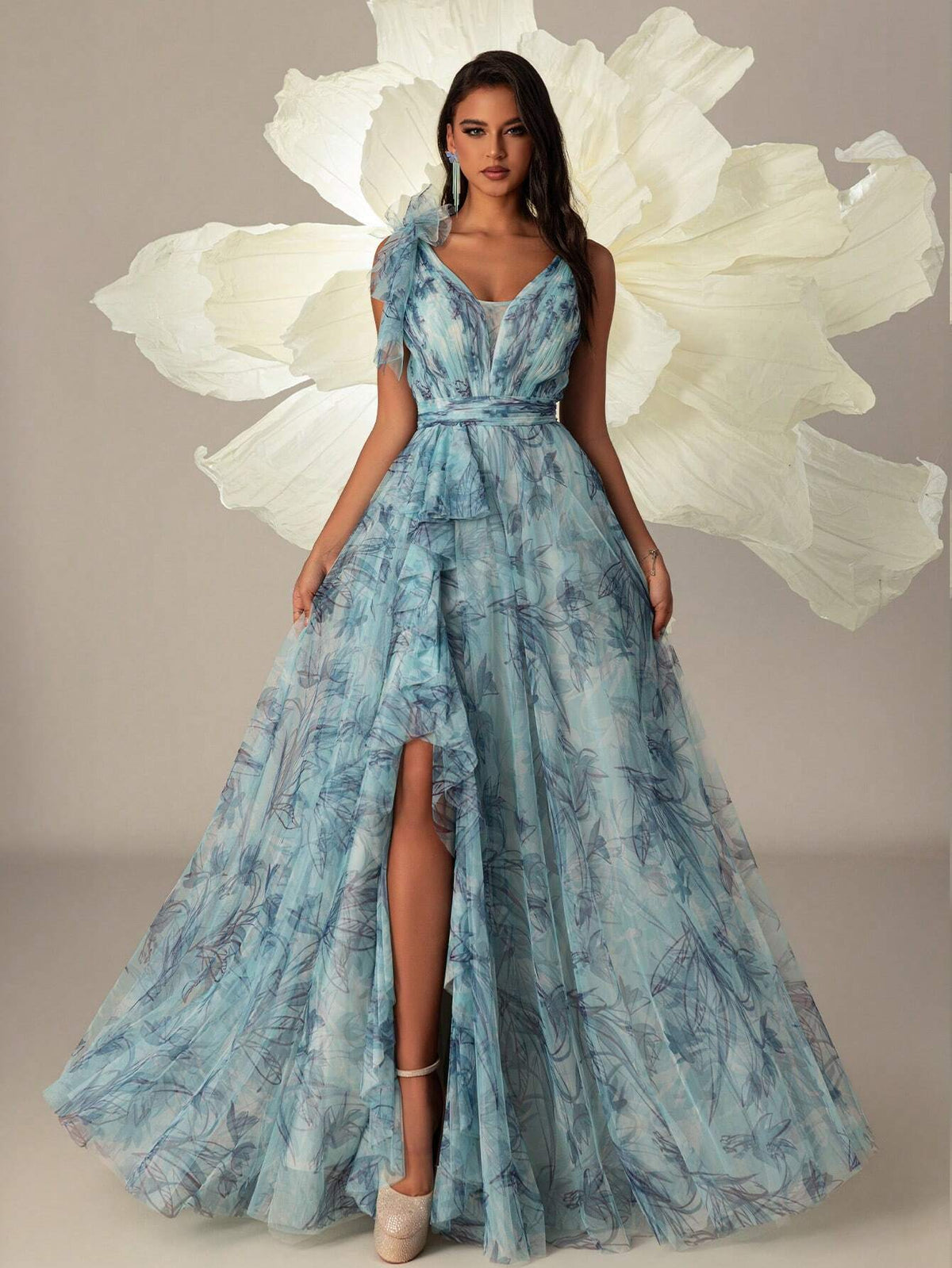 VIPGIRL Long Blue Printed Mesh Elegant Ladies Evening Formal Dress