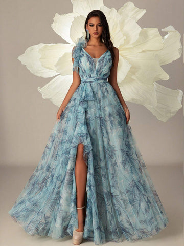 VIPGIRL Long Blue Printed Mesh Elegant Ladies Evening Formal Dress