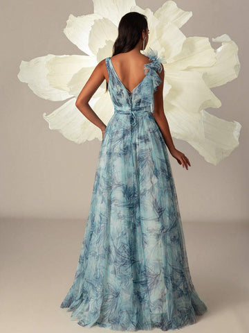 VIPGIRL Long Blue Printed Mesh Elegant Ladies Evening Formal Dress