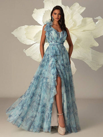 VIPGIRL Long Blue Printed Mesh Elegant Ladies Evening Formal Dress