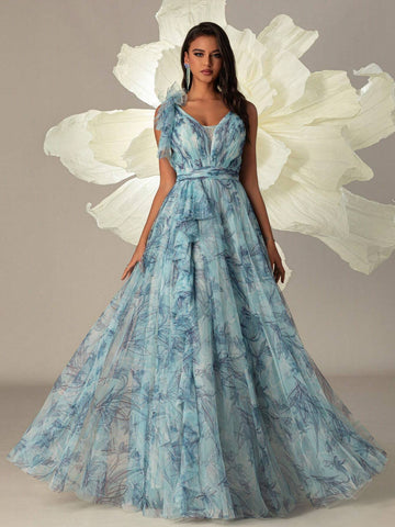 VIPGIRL Long Blue Printed Mesh Elegant Ladies Evening Formal Dress