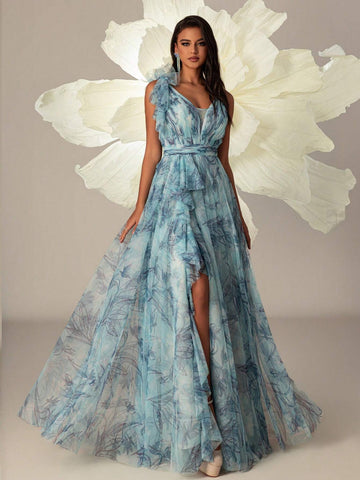 VIPGIRL Long Blue Printed Mesh Elegant Ladies Evening Formal Dress