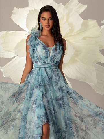 VIPGIRL Long Blue Printed Mesh Elegant Ladies Evening Formal Dress