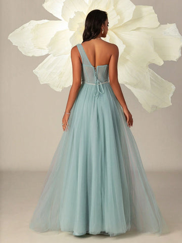 VIPGIRL Mesh One-Shoulder Beaded Elegant High-Waisted Women Evening Party Formal Dress Long Gown