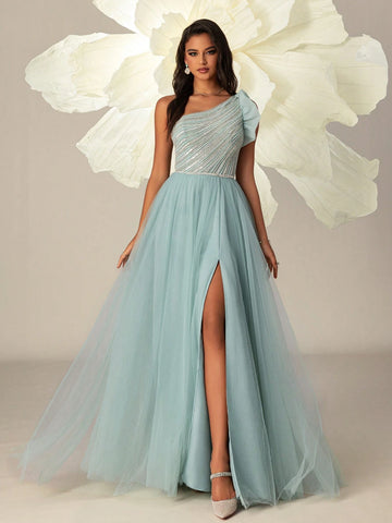 VIPGIRL Mesh One-Shoulder Beaded Elegant High-Waisted Women Evening Party Formal Dress Long Gown