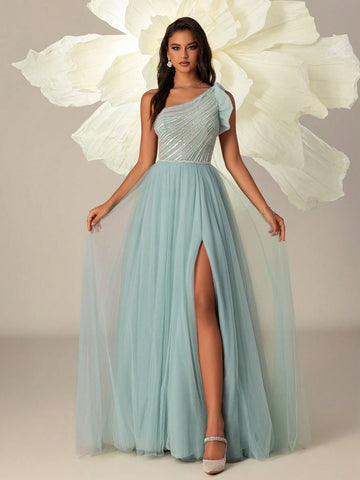 VIPGIRL Mesh One-Shoulder Beaded Elegant High-Waisted Women Evening Party Formal Dress Long Gown