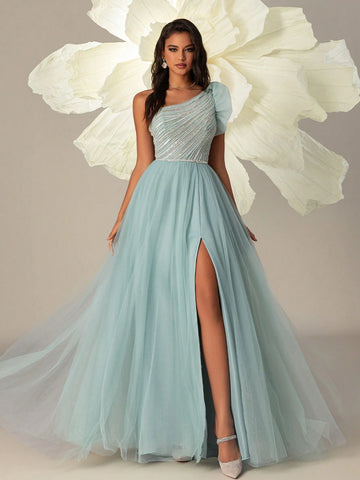 VIPGIRL Mesh One-Shoulder Beaded Elegant High-Waisted Women Evening Party Formal Dress Long Gown