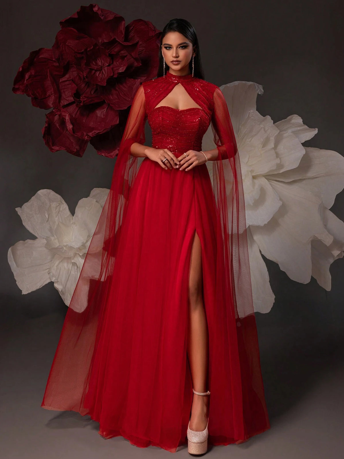 VIPGIRL Mesh Sheer Sleeved Elegant Women Evening Dress