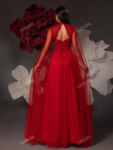 Contrast Sequin Cut Out Split Thigh Mesh Cape Dress