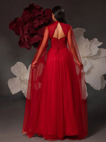 VIPGIRL Mesh Sheer Sleeved Elegant Women Evening Dress