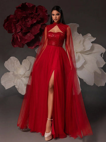 VIPGIRL Mesh Sheer Sleeved Elegant Women Evening Dress