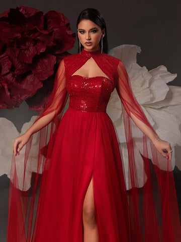 VIPGIRL Mesh Sheer Sleeved Elegant Women Evening Dress